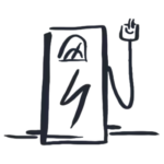 Black pen line drawing of an electric vehicle (EV) charging station, representing sustainable transportation solutions for renewable energy clients in Africa