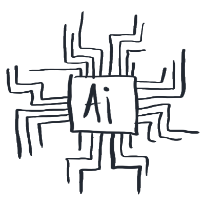 Black line drawing of an AI system connected to other systems, symbolizing the use of smart tech and systems to optimize business