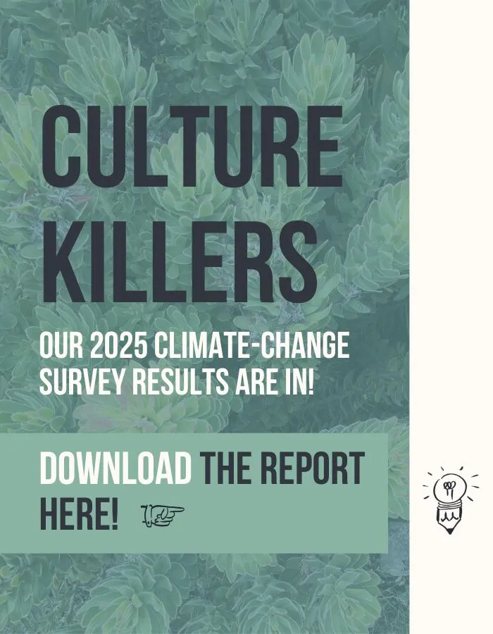 Infographic comparing Culture Killers—silos, broken feedback loops, employee overload—with Culture Drivers—clear KPIs, supportive leadership, career growth—under the title ‘Culture Killers vs. Culture Drivers in Climate‑Change Organisations.