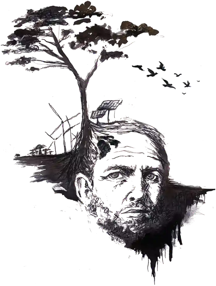Ink illustration of an African sustainability leader with an acacia tree, wind turbines and solar panels growing from his mind, representing systems thinking and net-zero leadership