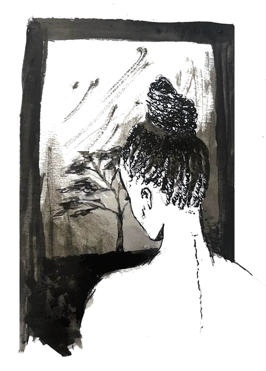 WOMAN LOOKING IN MIRROR
