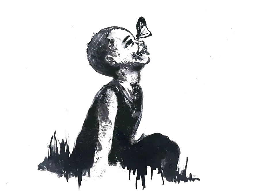 Black and white ink artwork of a child looking upward with a butterfly landing on their face, symbolising transformation, curiosity and growth
